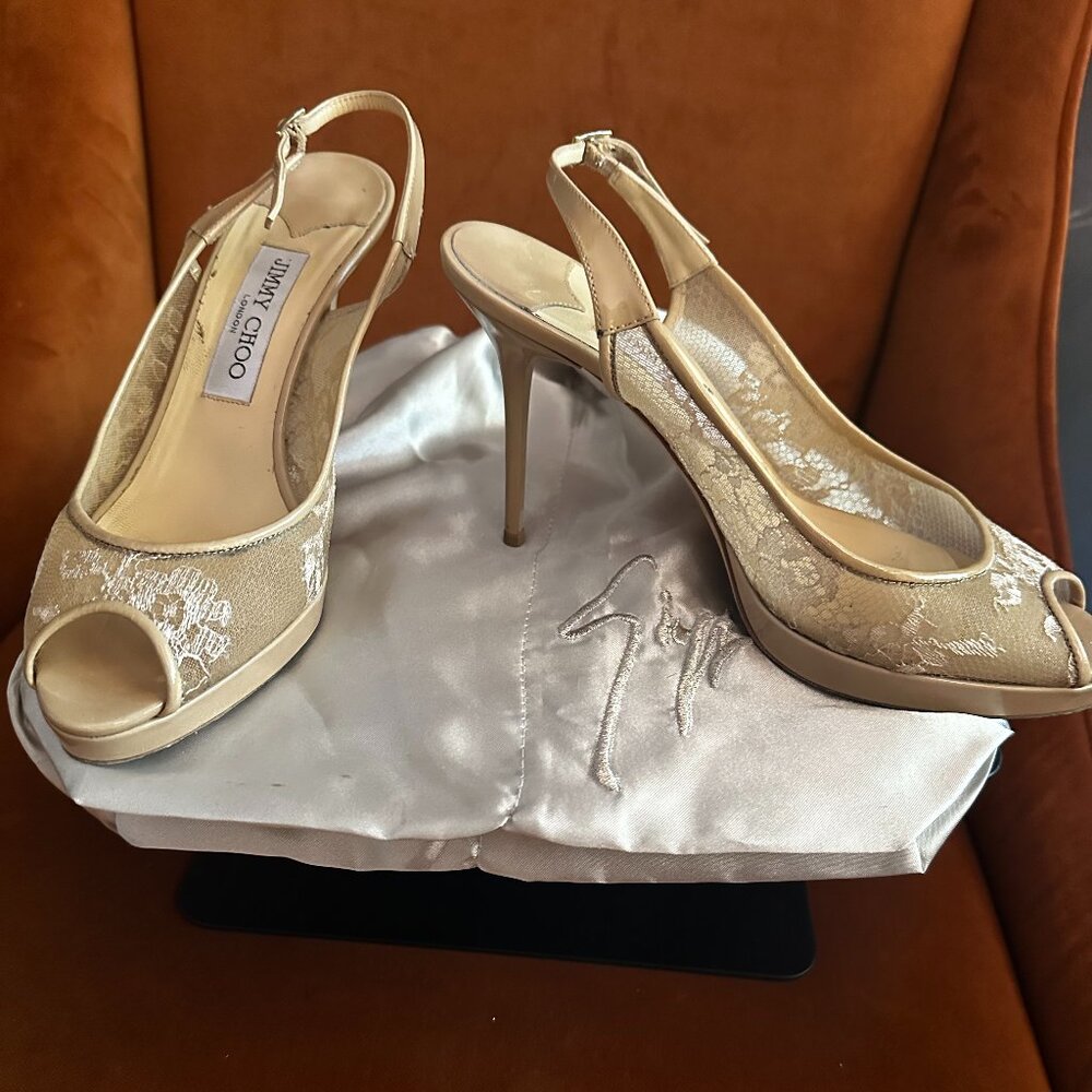 JIMMY CHOO Beige Lace Open Toe Heels